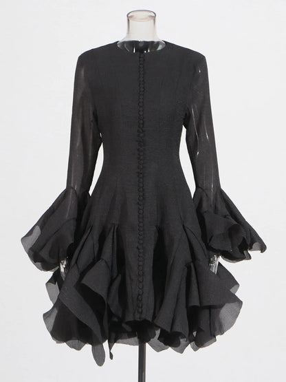 VGH Sweet Ruffles Elegant Knee Length Dresses for Women Round Neck Flare Sleeve High Waist Spliced Button  A Line Dress Female