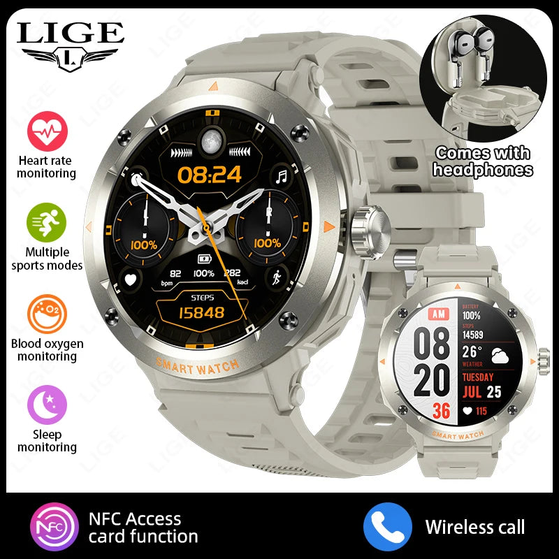 NFC Smart Watch Wireless Earphone 2 in1 Bluetooth Call Men Smart Watches Heart Rate Monitor Music Playing Headphones Smartwatch