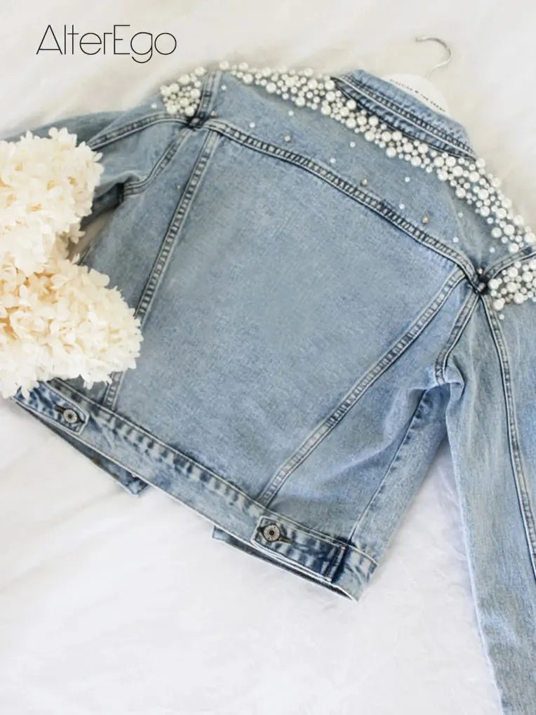 Luxury Jean Jackets Bride Pearl Denim Coat Bridal Pearls Coats Future Denim Outerwear Wedding Women's Clothing 2023 Solid Jacket