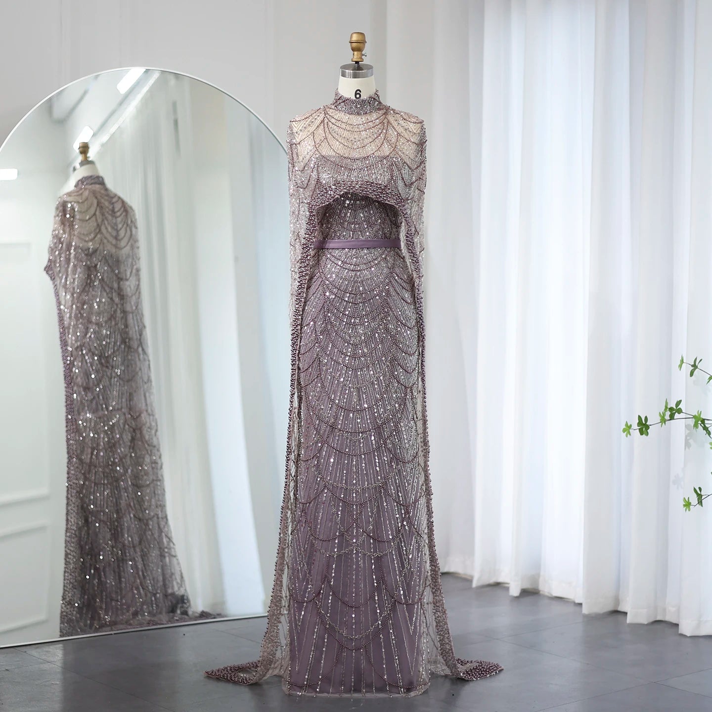 Sharon Said Luxury Pearls Dubai Champagne Evening Dresses with Cape New Arabic Women Mermaid Wedding Party Prom Dress SS369