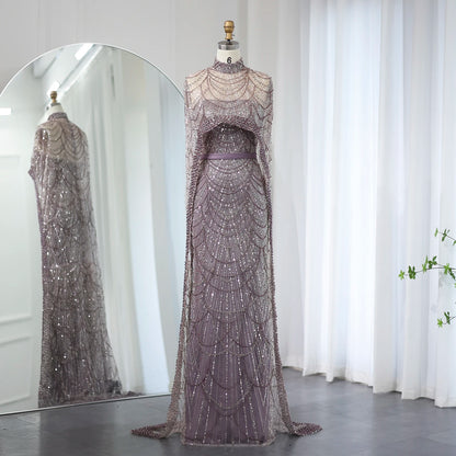 Sharon Said Luxury Pearls Dubai Champagne Evening Dresses with Cape New Arabic Women Mermaid Wedding Party Prom Dress SS369