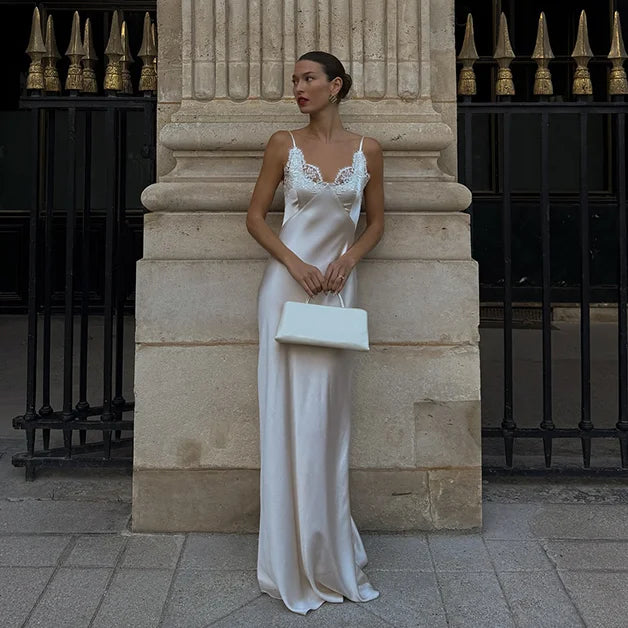 2025 Elegant Satin Solid Maxi Dresses Women Luxury Lace Splicing Sleeveless Off Shoulder Backless V-neck Robe Lady Party Outfits