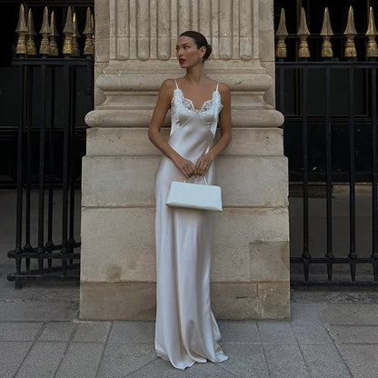 2025 Elegant Satin Solid Maxi Dresses Women Luxury Lace Splicing Sleeveless Off Shoulder Backless V-neck Robe Lady Party Outfits