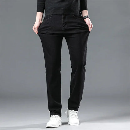 2025 New Winter Men Black Straight Stretch Denim Thick Velvet Pants Warm Jeans Casual Fleece Line Trousers Male Plus Size