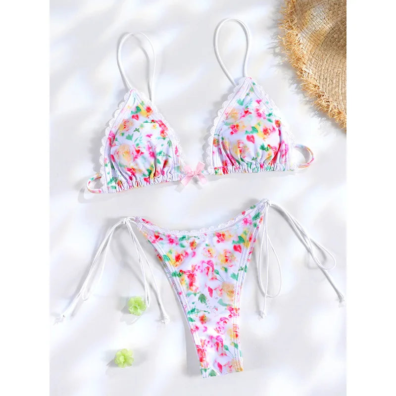 Plaid Print Bikinis Bow Swimwear Women Swimsuit Triangle Bikini Set Bandage Bath Suit Low Waist Thong Beachwear New Biquini