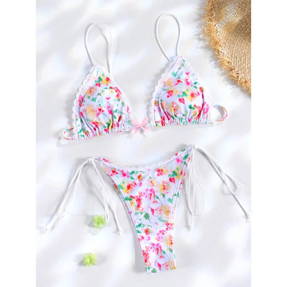 Plaid Print Bikinis Bow Swimwear Women Swimsuit Triangle Bikini Set Bandage Bath Suit Low Waist Thong Beachwear New Biquini