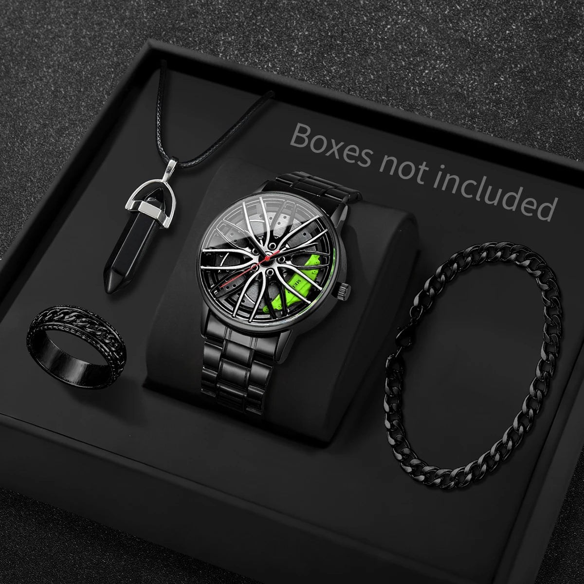 4PCS/Set Fashion 3d Car Wheel Dial Men Sports Watches Luxury Stainless Steel Quartz Watch Jewelry Set Reloj Hombre (Without Box)