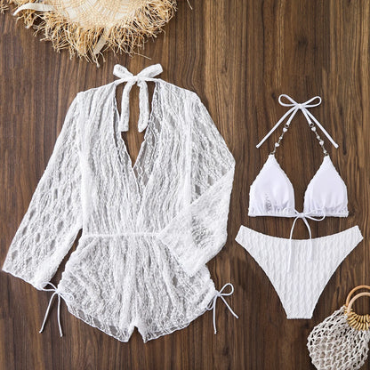 Sexy Mesh Long Sleeve Cover Up 3 Piece Bikini Set 2025 Swimwear Women White Pearls Strap Push Up High Waist Holiday Swimsuit