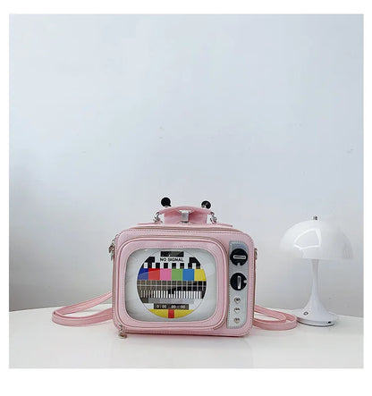 Cartoon Cute Handbags for Women Funny Retro TV Transparent Square Bag Fashion Leather Personalized Creative Shoulder Bag Woman