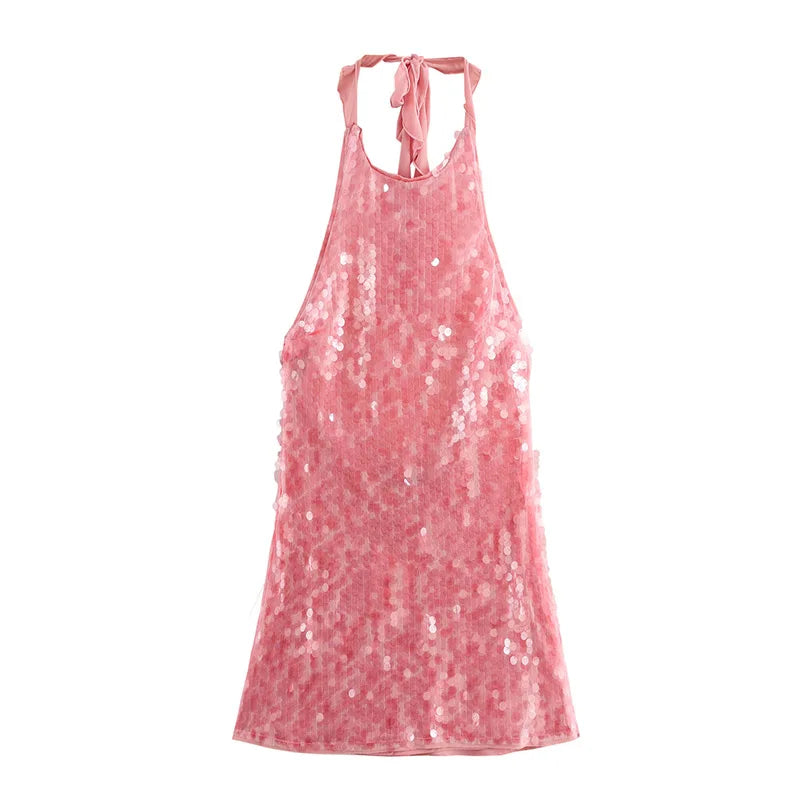 Halter Collar Bead Dress Sequin Glitter Lace Up Hanging Neck Fashion Sexy Backless Socialite Party Gown Pink Beach Short Dresses