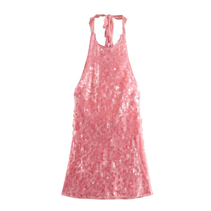 Halter Collar Bead Dress Sequin Glitter Lace Up Hanging Neck Fashion Sexy Backless Socialite Party Gown Pink Beach Short Dresses
