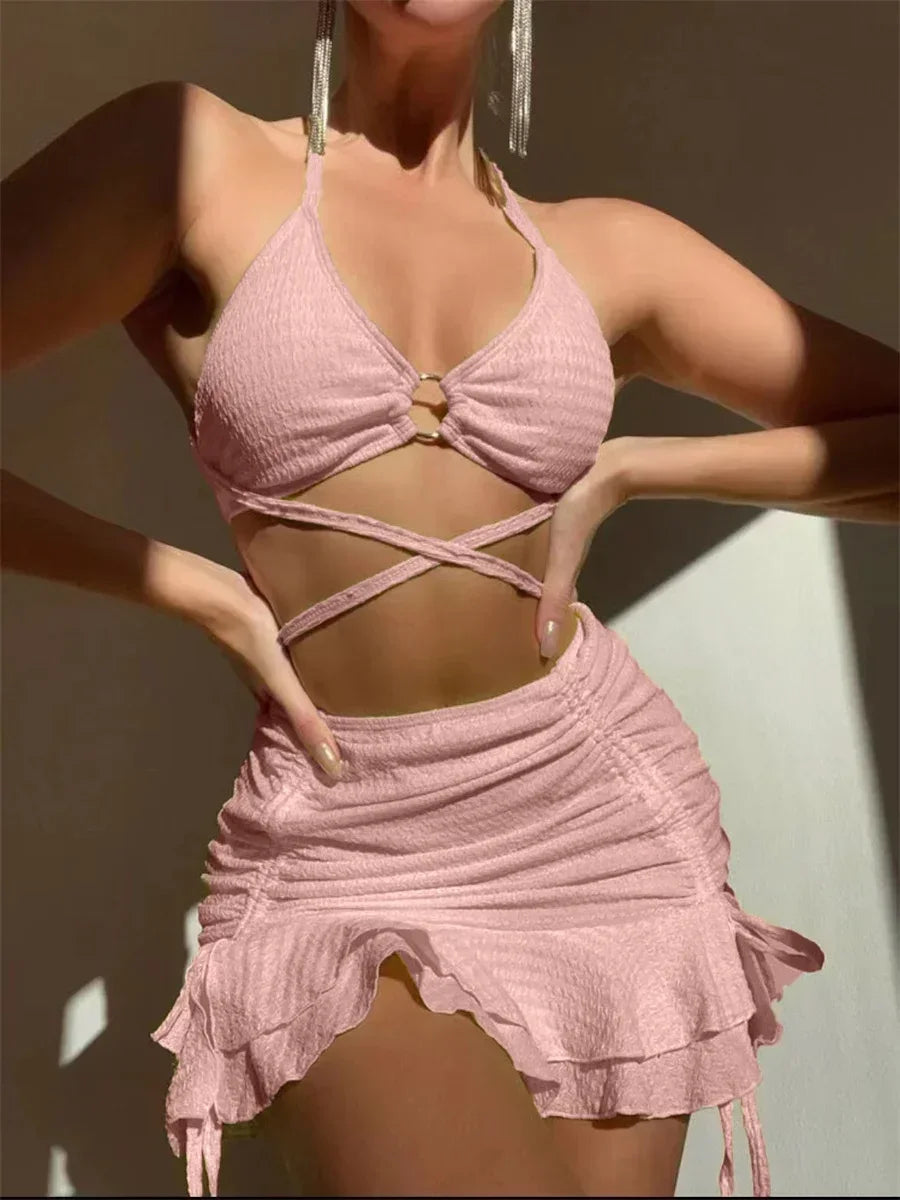 Sexy Yellow Bikini Women Solid Halter Ring Linked Criss Cross Cover Up 3 Piece Swimsuit 2026 Bathing Suit Ruffles Skirt Swimwear
