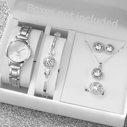 6PCS/Set Fashion Women's Quartz Watch Stainless Steel Band Wrist Watches Diamond Jewelry Set(Without Box)