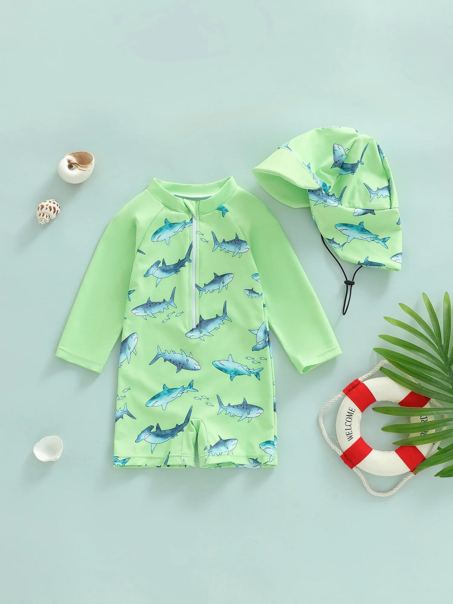 Citgeett Summer Toddler Boys Boys Rash Guard Swimsuit Print Zipper Long Sleeve Bathing Suit Swim Cap Romper Clothes