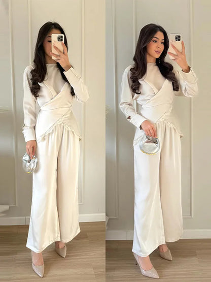 Lace Trim Women's Dress Long Sleeve Wrap O-Neck Top Midi Slim Skirt Satin Elegant Party Evening Dresses Trendy Outfit Ladies