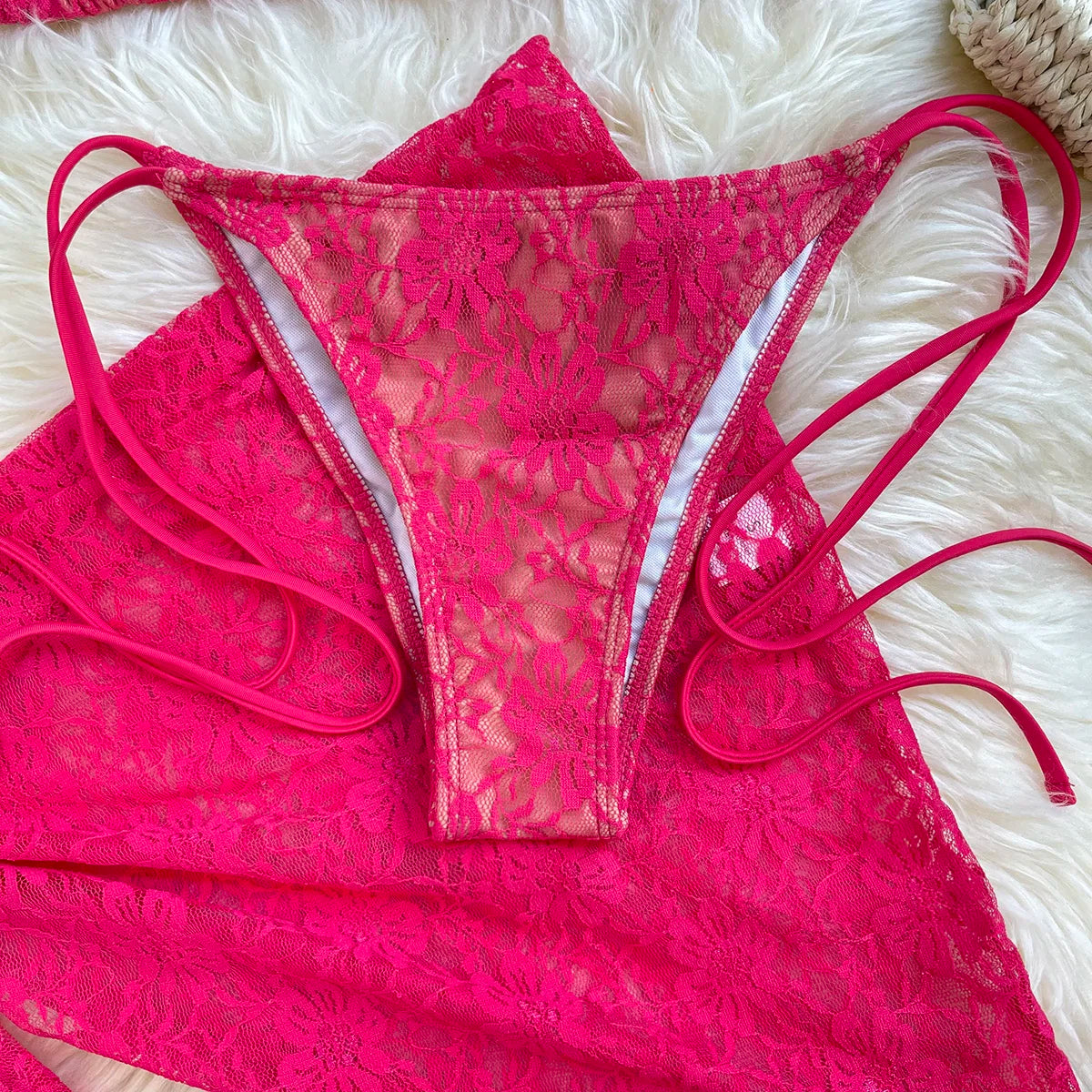 Lace Fabric Three-pieces Swimsuit Set With Sarong Bikini Inspired Women's Swimwear Beachwear Bathing Suit Vacay Outfit Biquini
