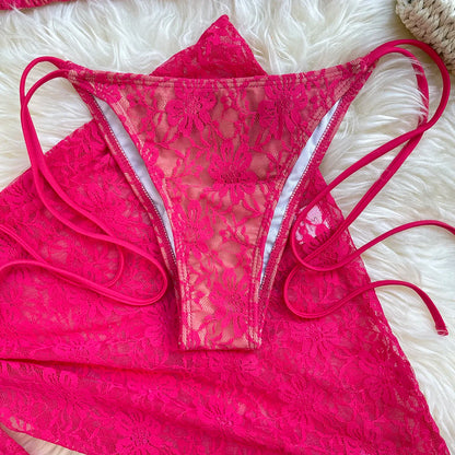 Lace Fabric Three-pieces Swimsuit Set With Sarong Bikini Inspired Women's Swimwear Beachwear Bathing Suit Vacay Outfit Biquini