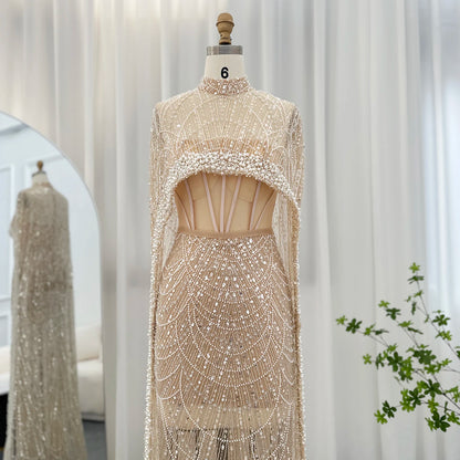 Sharon Said Luxury Pearls Dubai Champagne Evening Dresses with Cape New Arabic Women Mermaid Wedding Party Prom Dress SS369