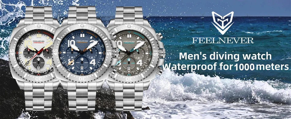 FEELNEVER New Diver Quartz Watch for Men 316L Stainless Steel Sapphire Big Dial Watch Men Outdoor 1000M Waterproof Men's Watches