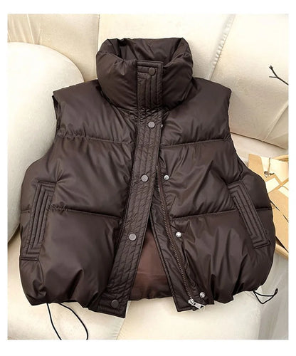 Winter Down Cotton Vest Jacket Women's 2025 New Sleevele Stand Parkas Warm Short Vest Coat Female Waistcoat Overcoat Ladies Tops