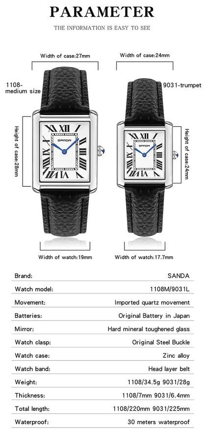 SANDA 9031/1108 Luxury Couple Quartz Watches for Men & Women, Waterproof Sport Casual Watch, Scratch Resistant Leather Strap