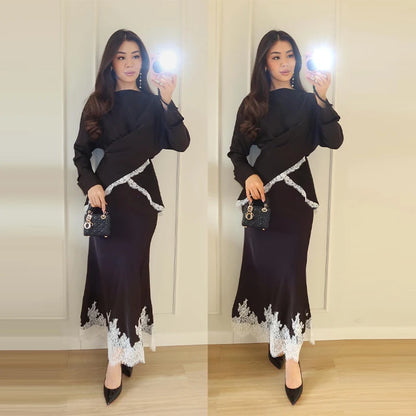 Lace Trim Women's Dress Long Sleeve Wrap O-Neck Top Midi Slim Skirt Satin Elegant Party Evening Dresses Trendy Outfit Ladies
