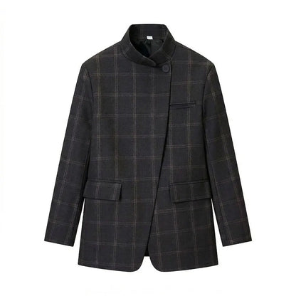 HH Women Fashion Plaid Blazer Coat Stand Collar Long Sleeve Jacket 2026 Spring Trend Casual Office Lady Chic Outerwear