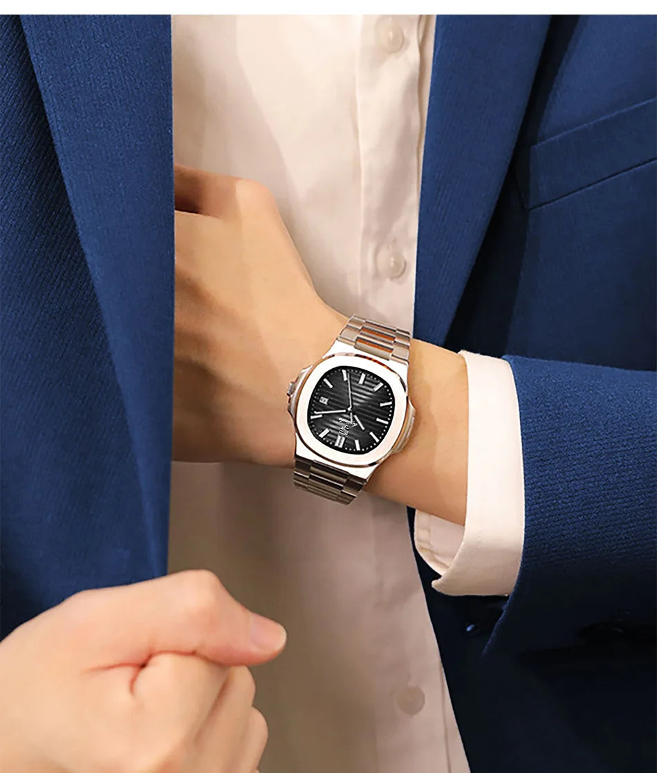 Fashion Luxury Business Square Quartz Watches Classic Stripe Design Dial with Stainless Steel Band Wristwatch for Men Relogio