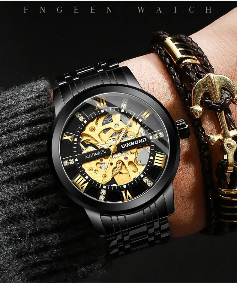 Bindond Mens Automatic Mechanical Watches Top Brand Luxury Stainless Steel Waterproof Hollow Male Wristwatches Relogio Masculino