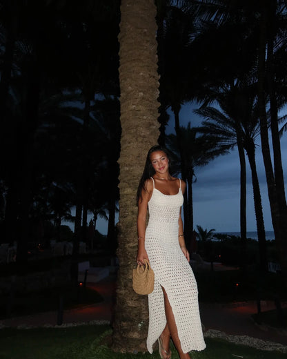 Sexy Knit Cut Out Tassel Spaghetti Strap Bodycon Beach Maxi Dress Summer Women's Holiday Club Party Outfit Swimsuit Cover Up K10