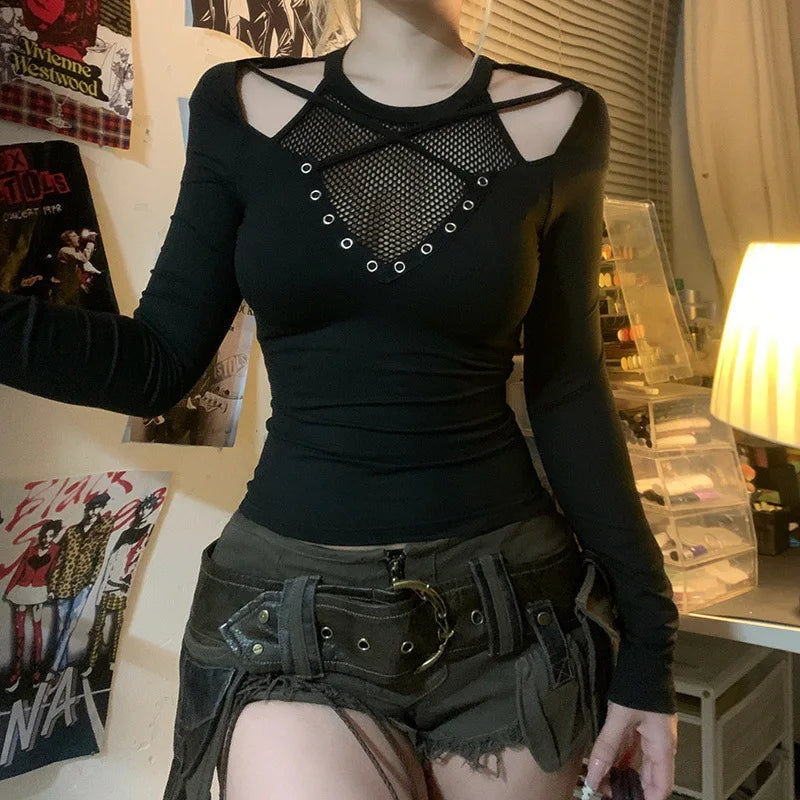 Goth Dark Solid Techwear Chic Irregular Grid Hollow Out T-shirt Mall Goth See Through Slim Tops Women Y2K Streetwear T-shirts