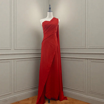 Elegant Red A-Line Evening Dresses,One Shoulder,Asymmetrical Neck Prom Dress,gala cocktail Floor-Length,Saudi Arabia Party Gown