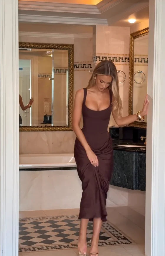 Solid Pleated Sling Dress Women Square Neck Sleeveless Off-shoulder Waist Cinching Slim Dresses Lady Evening Party Gowns 2025