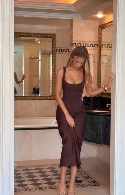Solid Pleated Sling Dress Women Square Neck Sleeveless Off-shoulder Waist Cinching Slim Dresses Lady Evening Party Gowns 2025