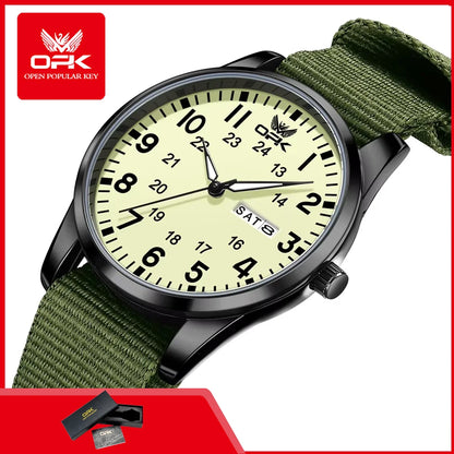 OPK 6090 Quartz Watches for Man Fashion Casual Nylon Webbing Watchband Dual Calendar Waterproof Luminous Men's Sports Watches