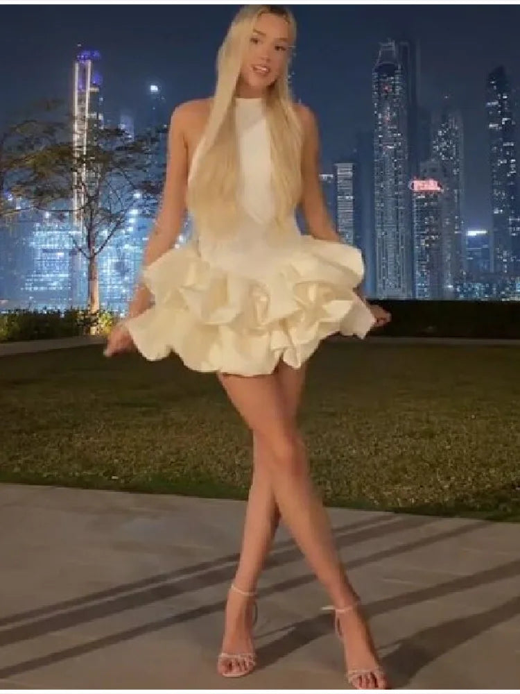 Gentle Sweet Mini Dress Sleeveless Ruffled Bubble Skirt Women Dresses Party Chic Female Stylish Fashion Date Outfits