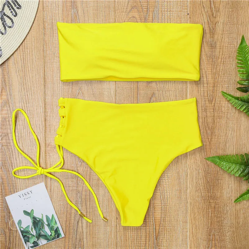 White push up swimsuit 2023 Summer beach sexy bikini set High Waist solid swimming suit for women swimwear Bandeau bathing suit