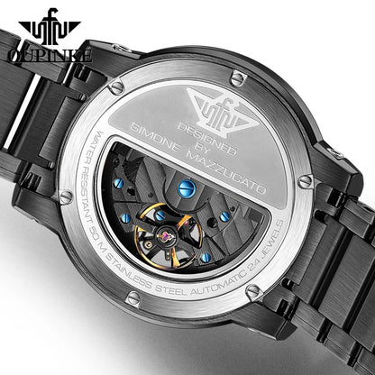 OUPINKE Black Steel Tourbillon Mens Wrist Watches Skeleton Automatic Mechanical Watch Fashion Wrist Watch Mens Sapphire