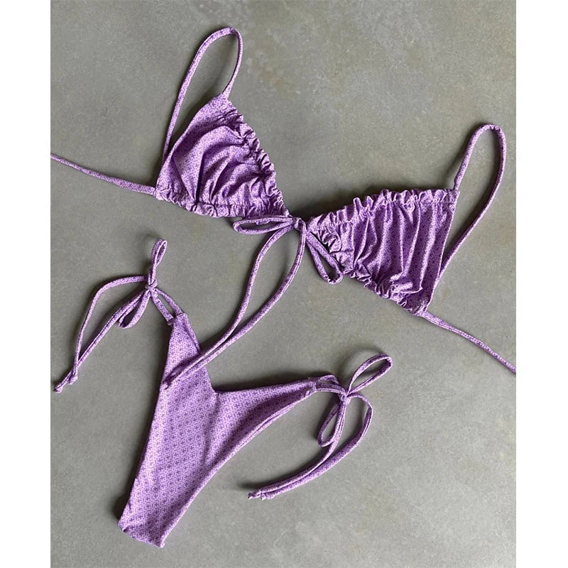 BIQIUYYI Brazilian Sexy Micro Mini Thong Bikini Set Summer Bandage Swimsuit Women Pleated Bathing Suit Beachwear Halter Biqiuni