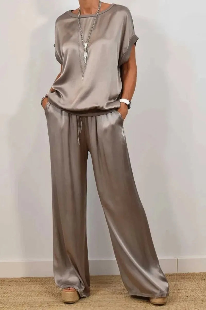 Casual Loose Satin T Shirt Pants Two Piece Sets Women Fashion O-neck Short Sleeve T Shirts Suit Spring Summer Wide Leg Pant Sets