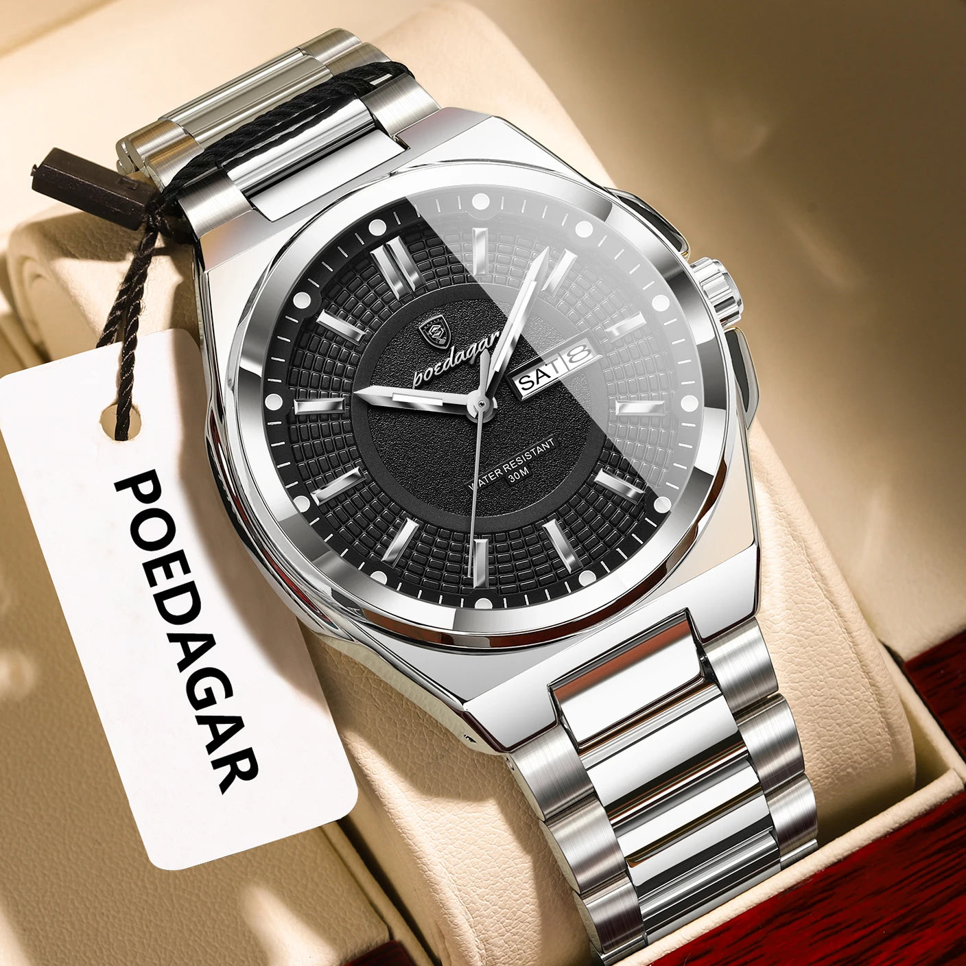 POEDAGAR Top Business Men's Watches Stainless Steel Waterproof Luminous Man Watch Date Week Quartz Casual Fashion Men Wristwatch