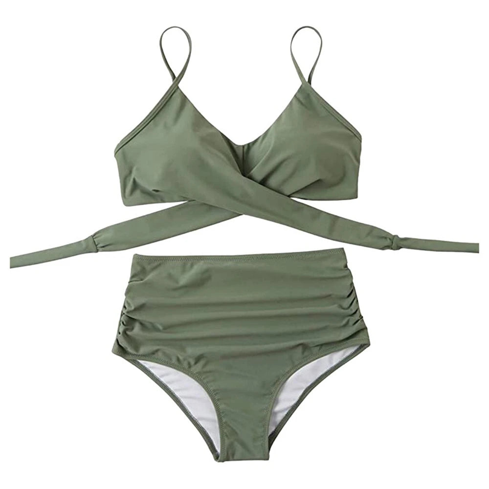 Hot 12 Colors Women Slim Bikini Sets High Waisted Sexy Swimwear 2 Pieces 2025 Solid/Floral Ruched Brazilian Swimsuit Cross Front