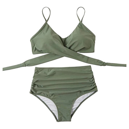Hot 12 Colors Women Slim Bikini Sets High Waisted Sexy Swimwear 2 Pieces 2025 Solid/Floral Ruched Brazilian Swimsuit Cross Front
