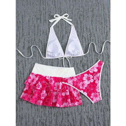 Elegant Floral Color Block Swimsuit Women Triangle Halter High-Waist Bikini Set Cover Up Skirt 2026 New Micro Bikini Three-Piece