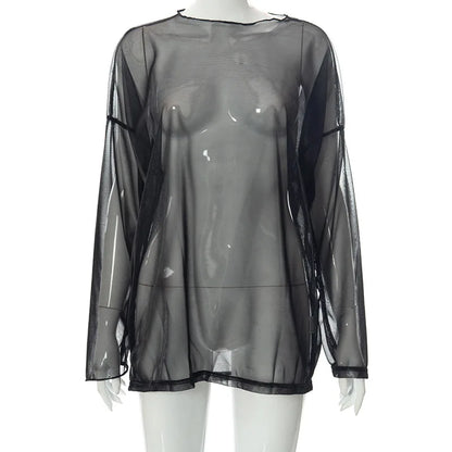 See Through T Shirts For Women Y2k Clothes Sexy Crop Tops Long Sleeve Oversized Tshirt O-Neck Club Outfit Reflective Egirl Tees