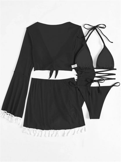 Sexy 4 Pieces Halter Bikinis Women Solid Swimwear Female Cover Up Swimsuit Long Sleeve And Skirt Bathing Suit Beachwear Summer