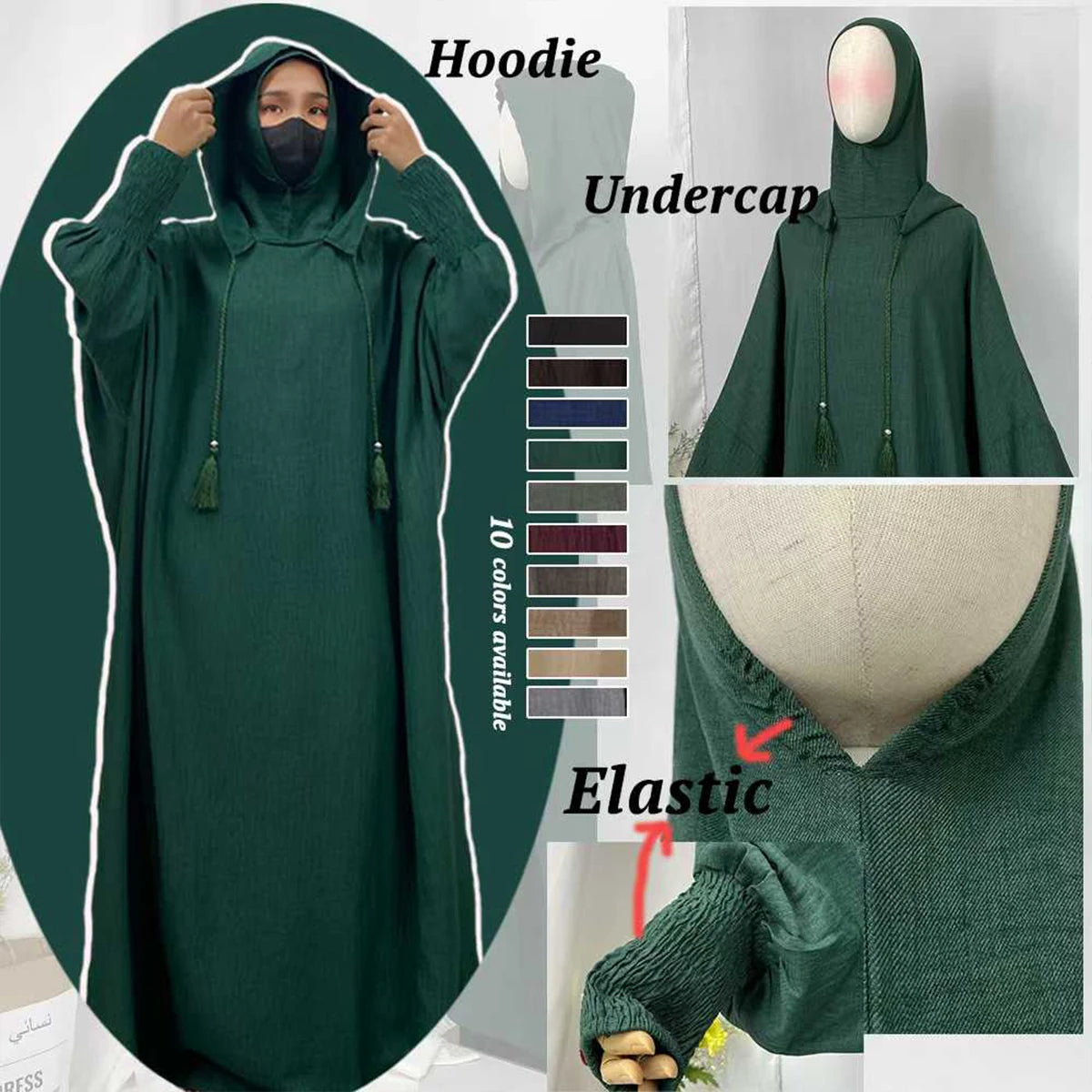 Hot Seller Ramadan Islamic Clothing Wrinkle Polyester Hoodie Abaya Dress With Undercap Muslim Women Abaya Hoodie Causal Dresses