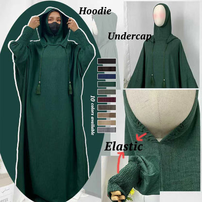 Hot Seller Ramadan Islamic Clothing Wrinkle Polyester Hoodie Abaya Dress With Undercap Muslim Women Abaya Hoodie Causal Dresses