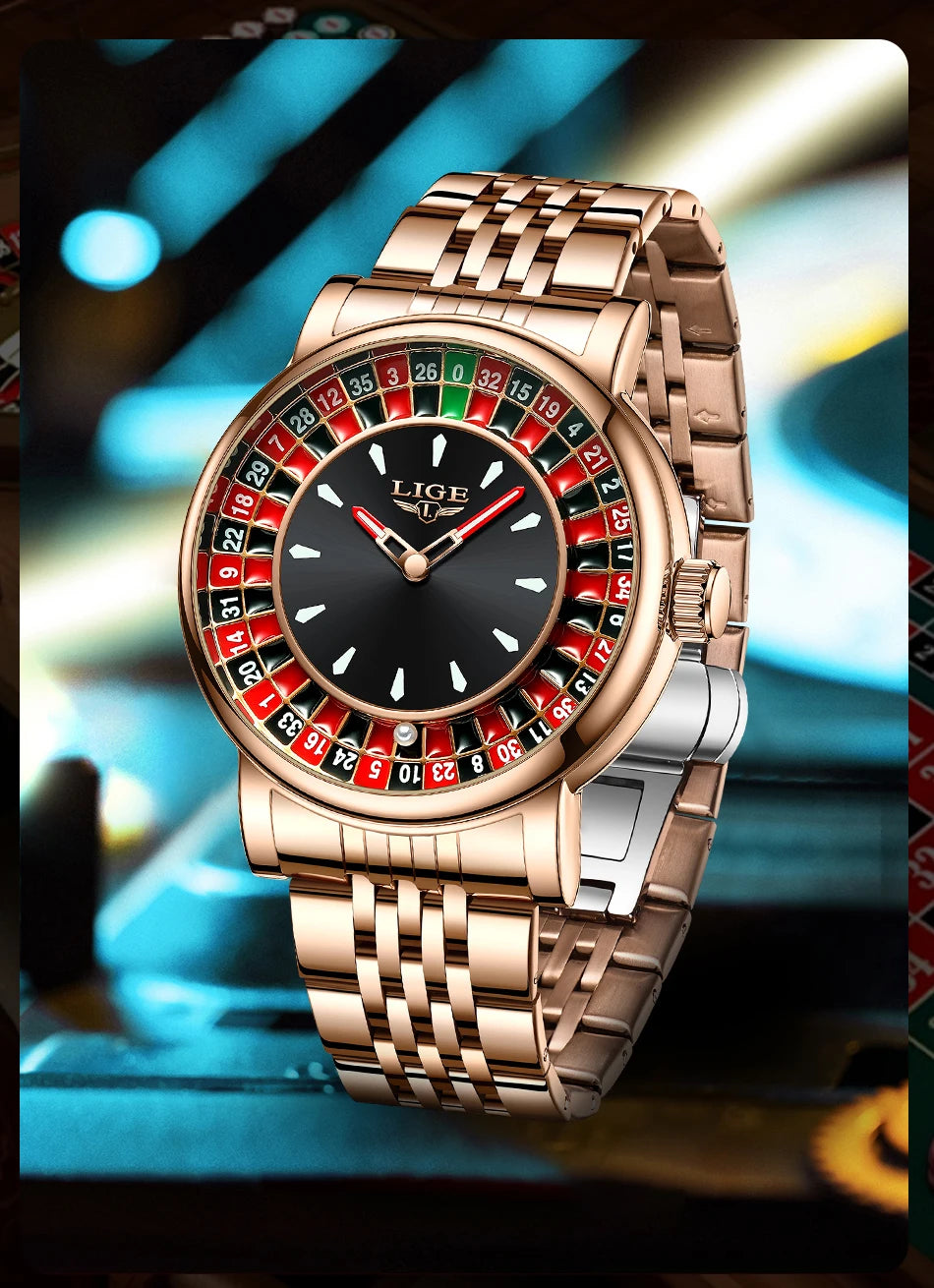 LIGE Quartz Man Watch Fashion Luxury Creative Roulette Game Dial Design Leather Casual Life Waterproof Watches for Men Gifts+Box