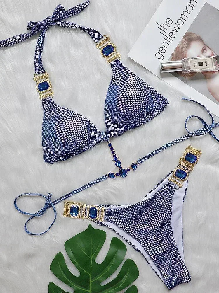 2026 Shiny Rhinestone Diamond Bikini Women Swimsuit Female Swimwear Two Pieces Bikini Set Halter Metal Chains Bathing Suit Swim